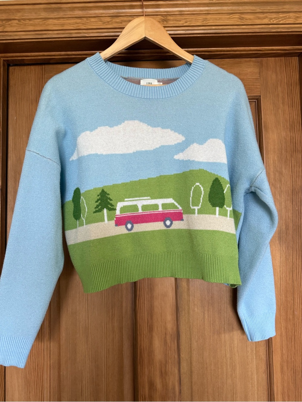 Light Blue Scenic Crewneck Sweater with Pink Van